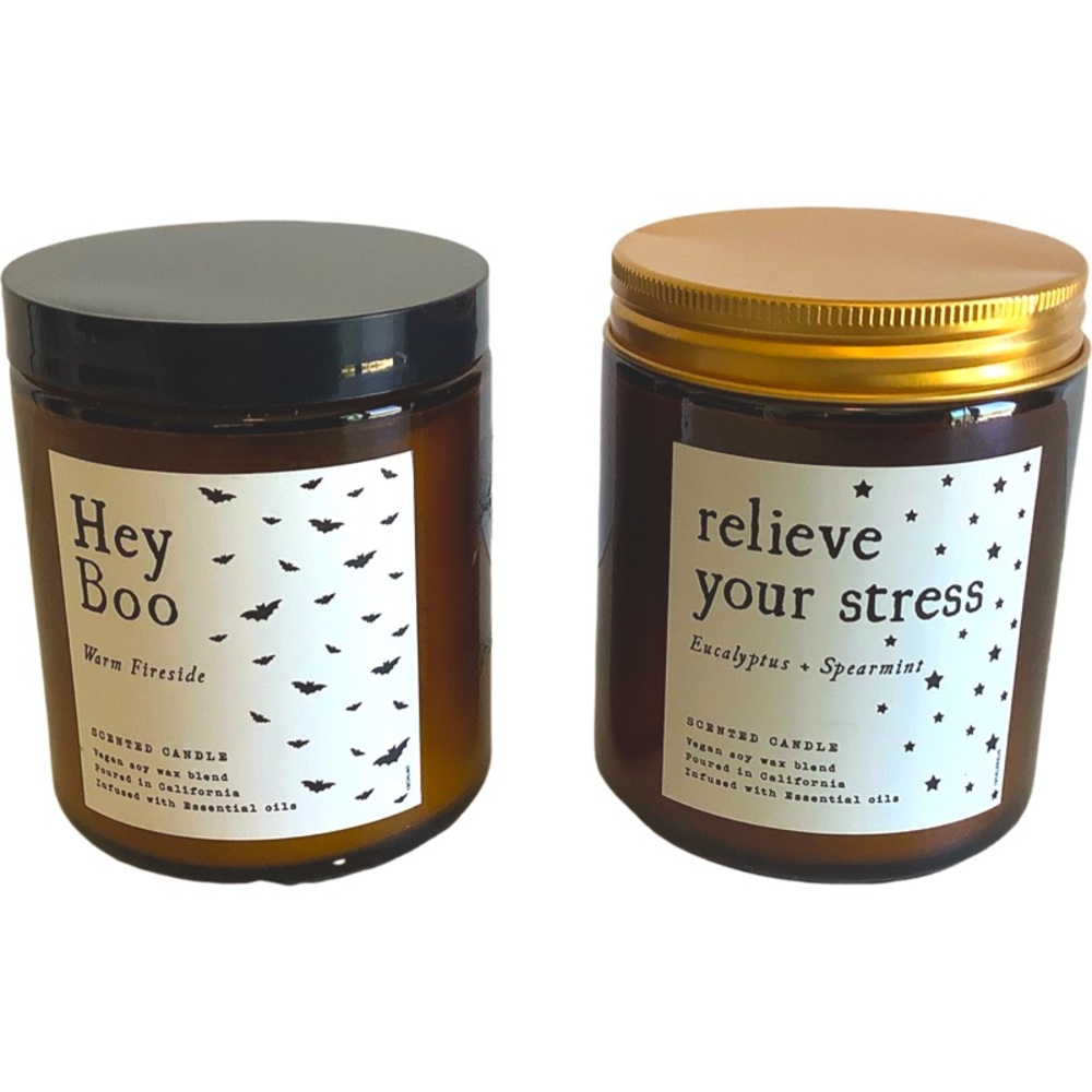 NWT LEOBEN CO "HEY BOO" AND "RELIEVE YOUR STRESS" SCENTED VEGAN CANDLES